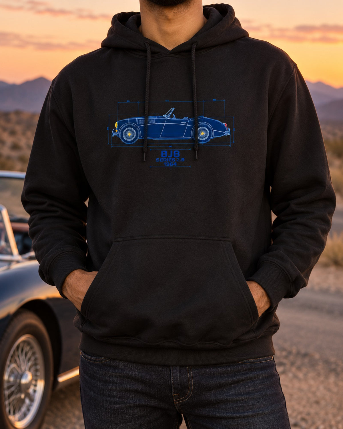 Austin-Healey 3000 Mk III BJ8 Blueprint Tee, Big Healey Pull Over Hoodie Black worn hero