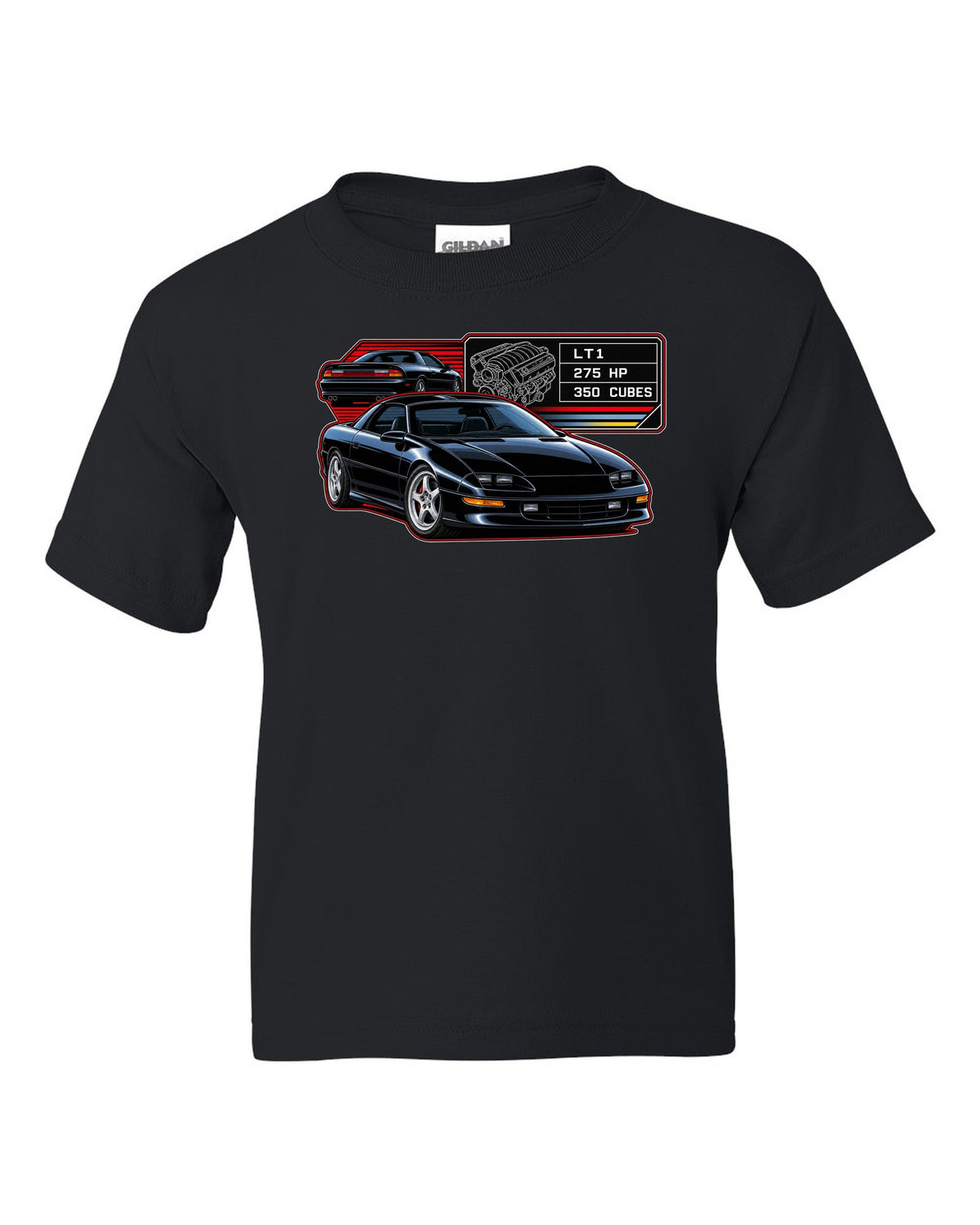 1993 Camaro Z28 fourth-generation spec plate design with the text LT1 275 HP 350 Cubes black kids tee front view with the design