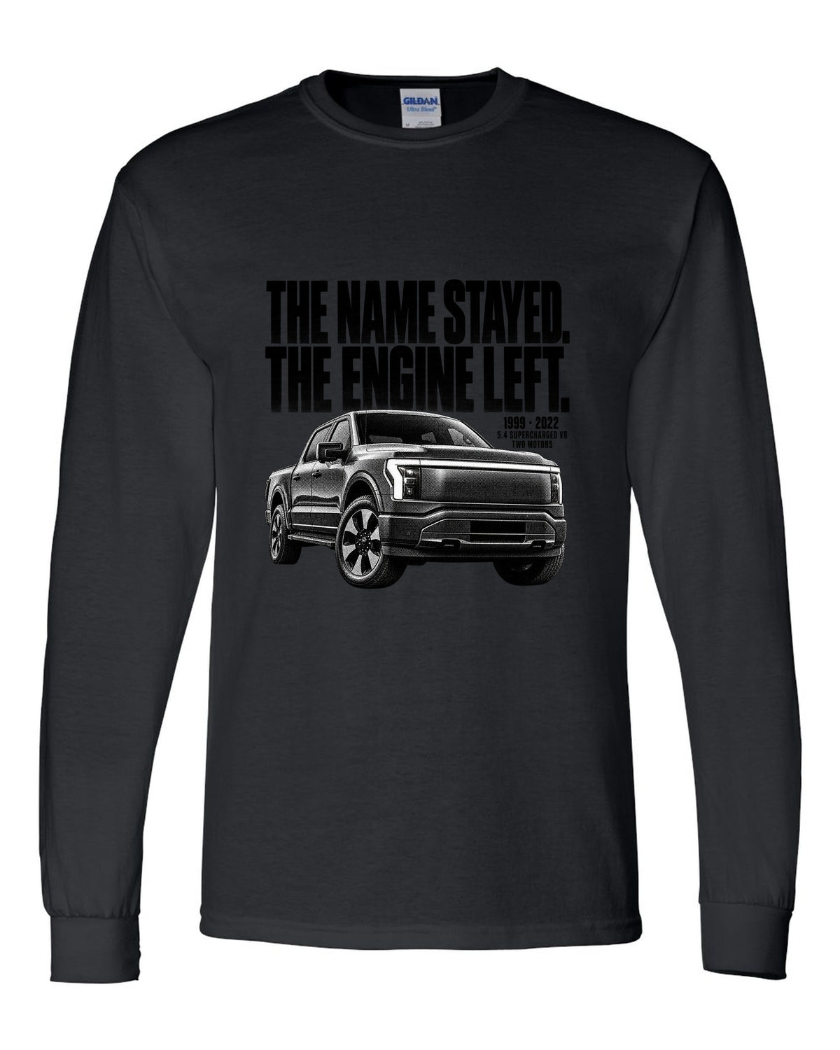 Halftone Ford F-150 Lightning 2022 front three-quarter with 1999 versus 2022 text black long sleeve front view with the design