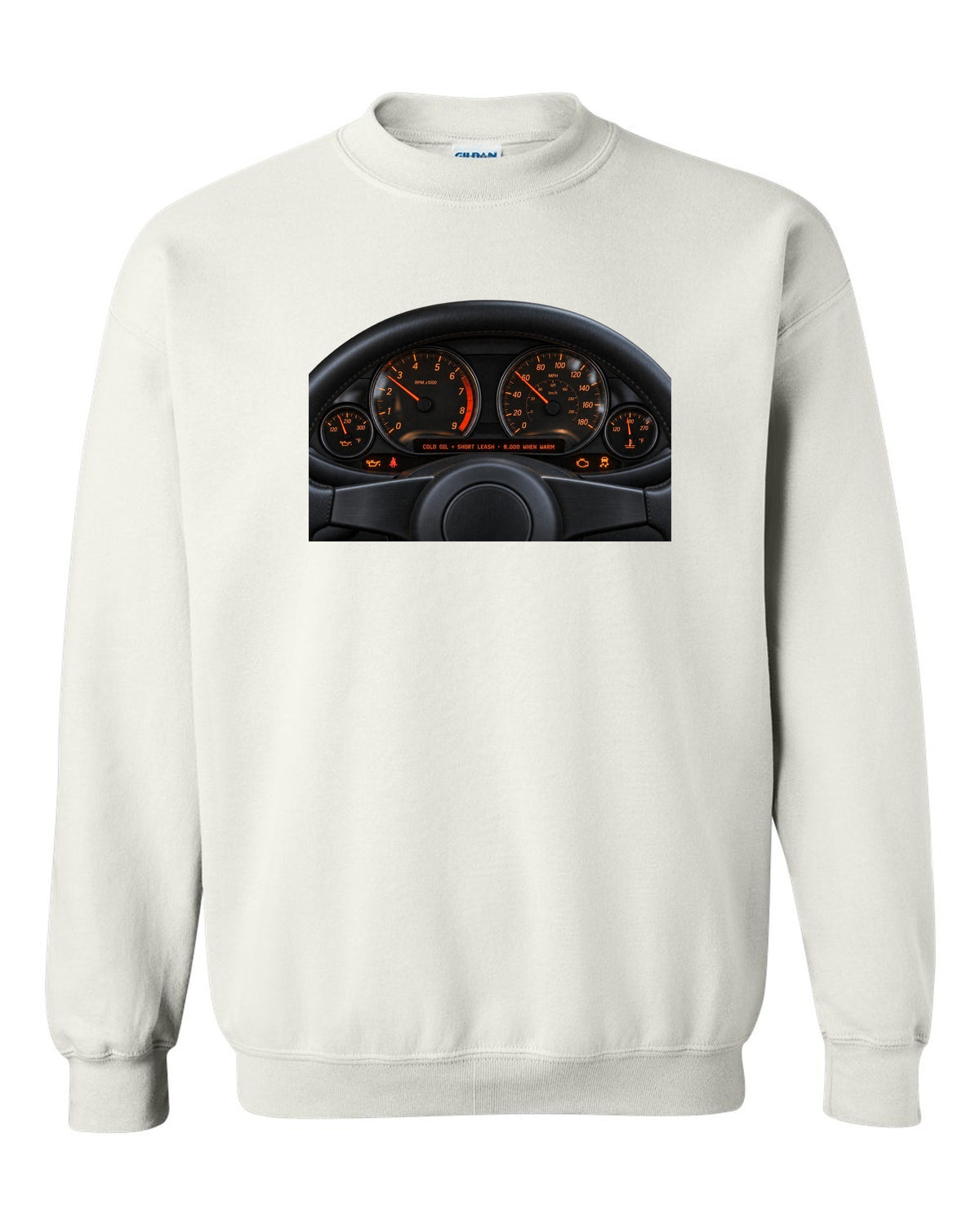 BMW E46 M3 coupe cockpit gauge print with cold oil short leash and 8,000 when warm text white crewneck front view with the design