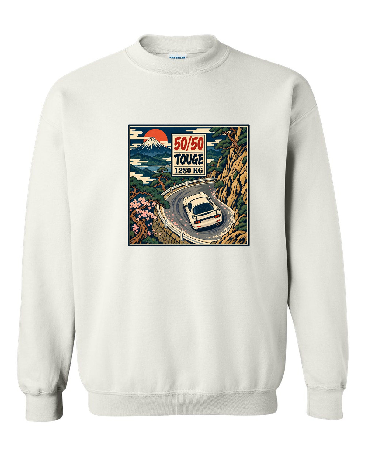Lo-fi anime harbour dusk scene with a Mazda RX-7 FD3S and SA22C and HIROSHIMA lettering white crewneck front view with the design