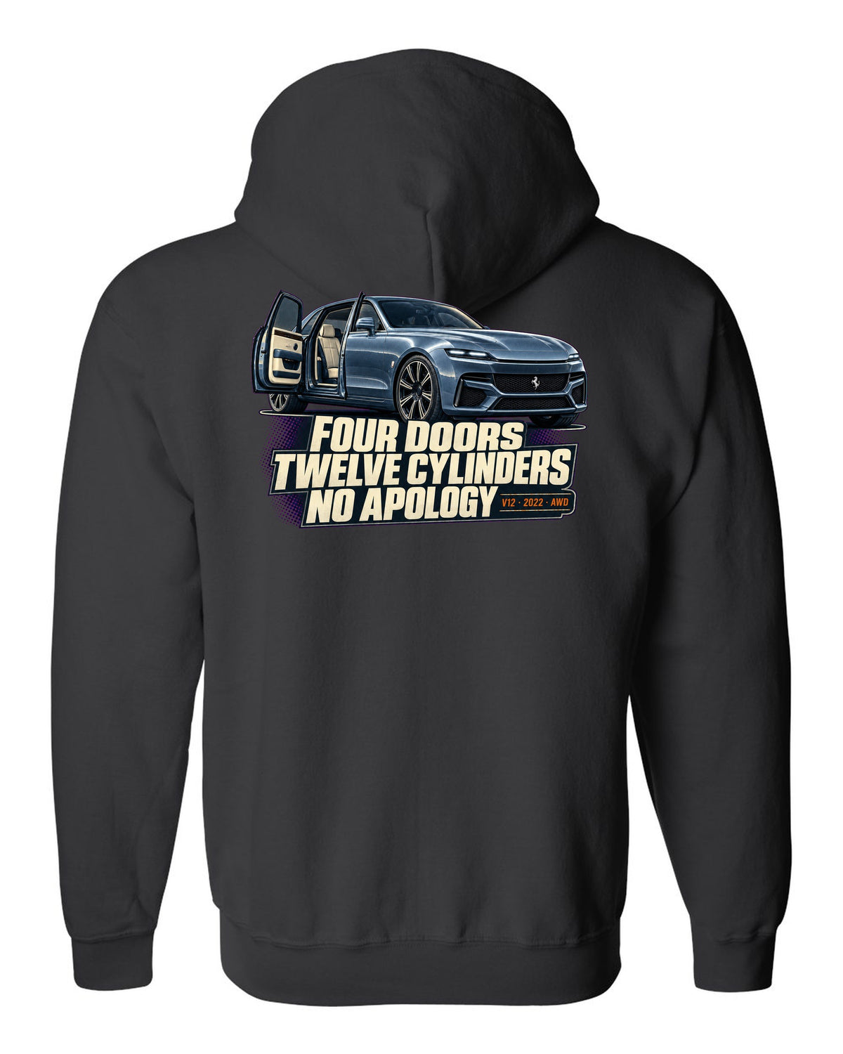 Editorial headline print of the Ferrari Purosangue on a tee black zip hoodie back view with the design