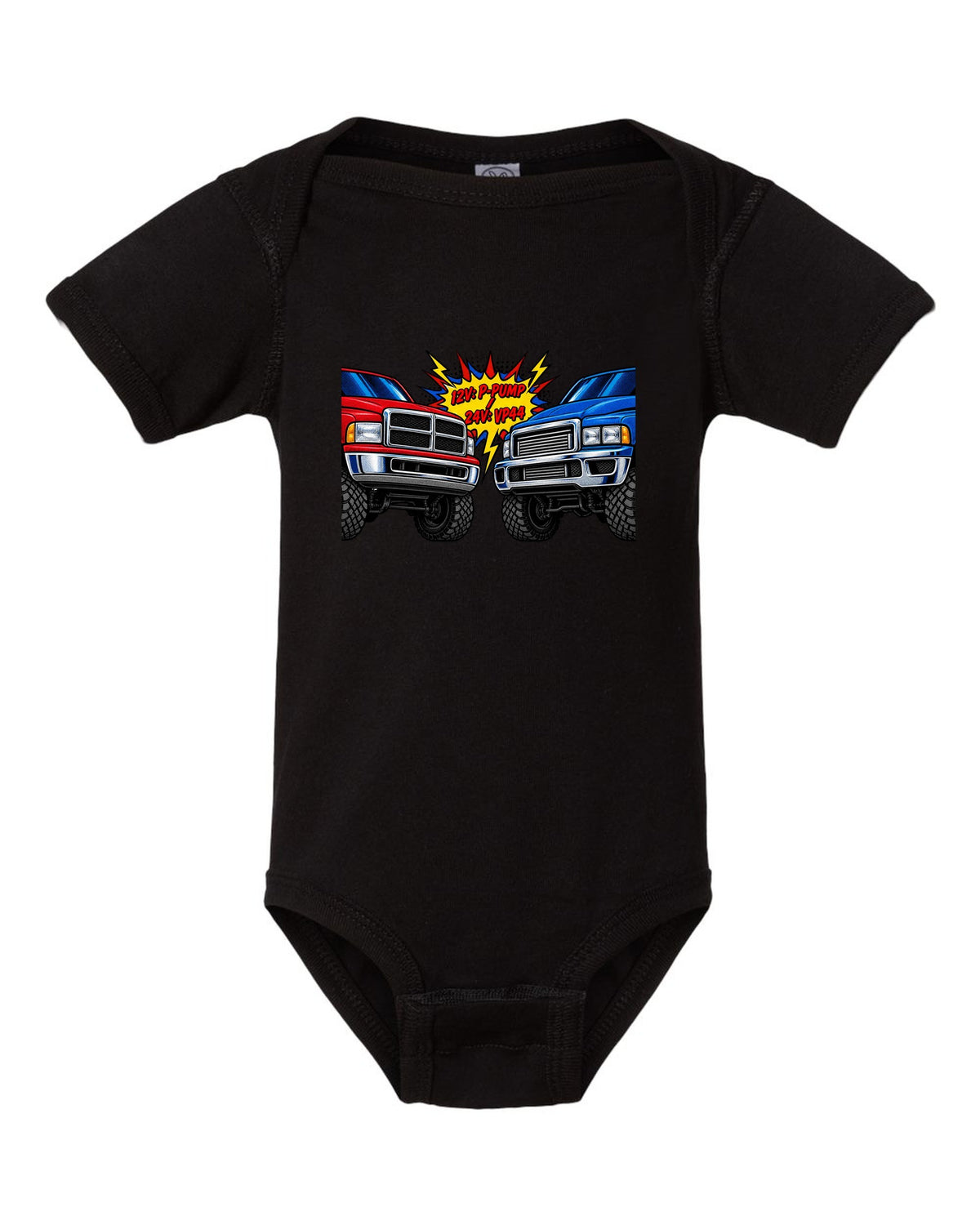 Comic halftone print comparing the 12V P-pump and 24V VP44 Cummins in a Ram 2500 black baby onesie front view with the design