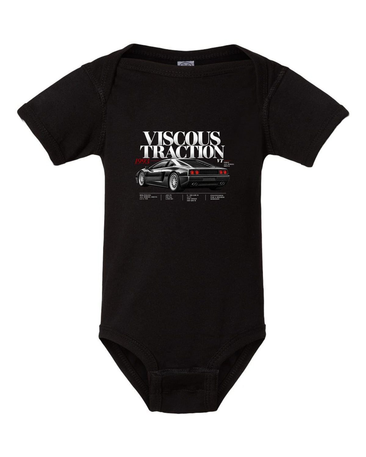 Editorial print of a Lamborghini Diablo VT with viscous traction and first all-wheel drive text black baby onesie front view with the design