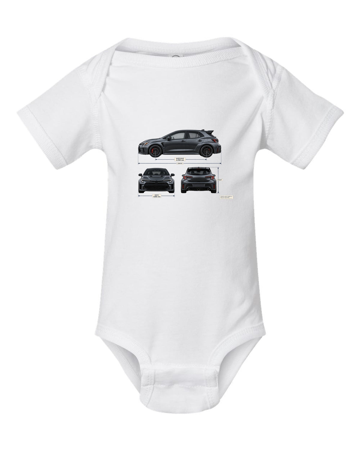 Toyota GR Corolla Core chback in Heavy Metal grey-blue with editorial headline text white baby onesie front view with the design