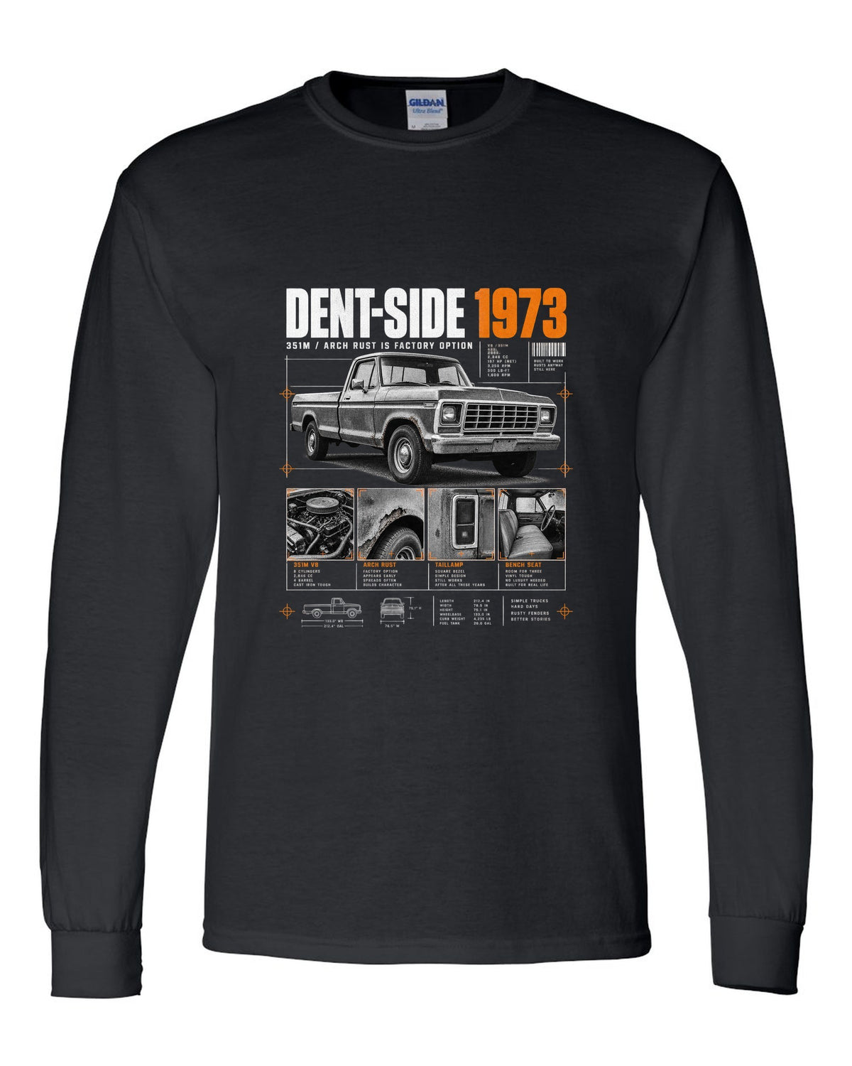 Ford F-150 Dent-Side 1973 351M Rust Dossier Panel black long sleeve front view with the design