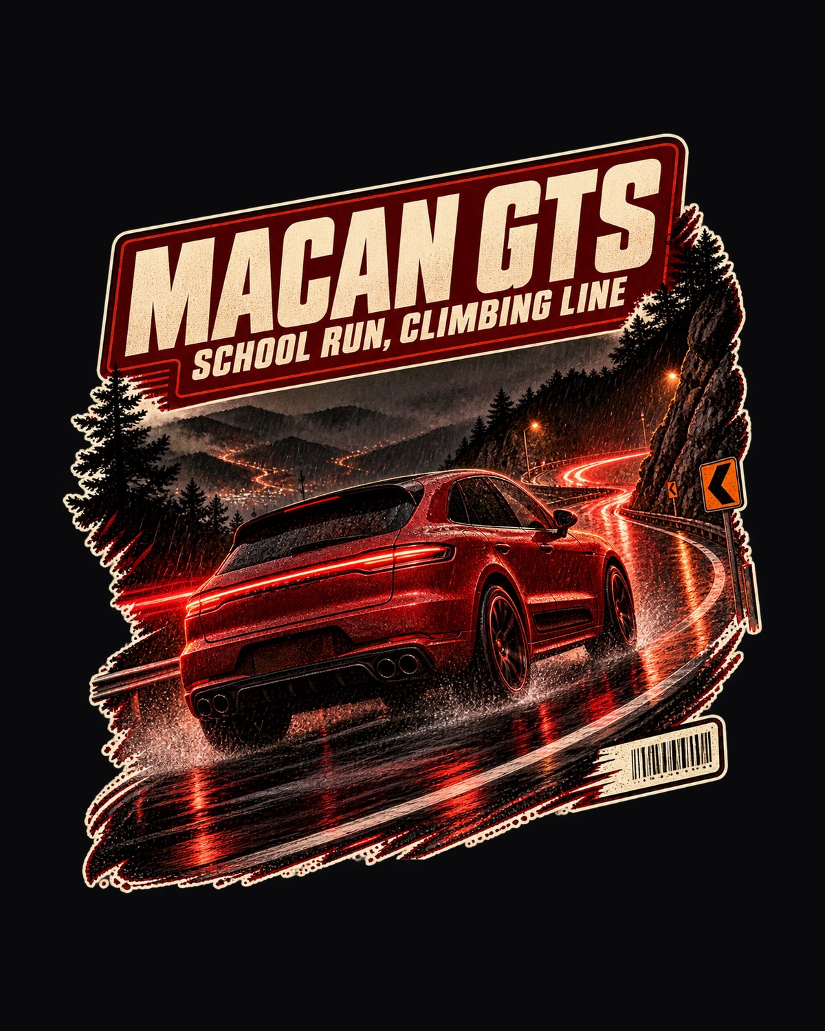 Porsche Macan GTS 95B Wet Mountain Road Night Drive Shirt design only