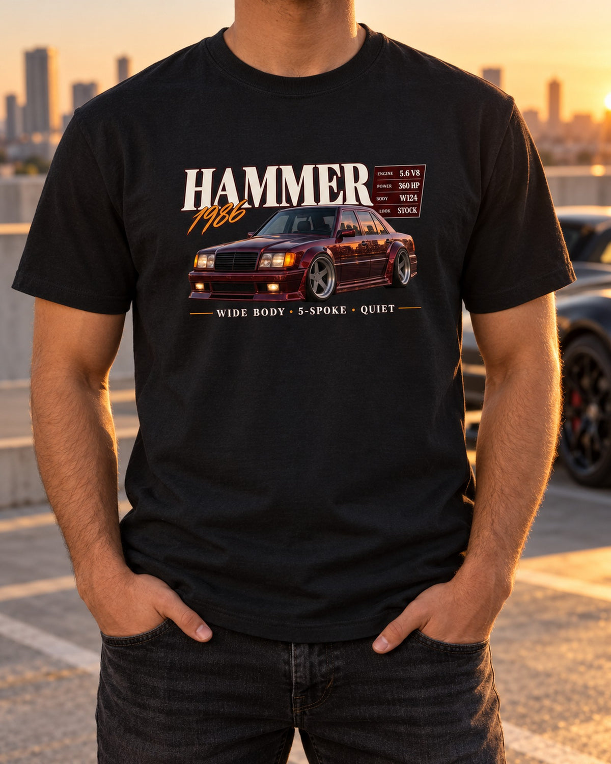Mercedes W124 300E 5.6 Hammer Archive Panel Shirt, V8 Sleeper T-Shirt Black worn hero