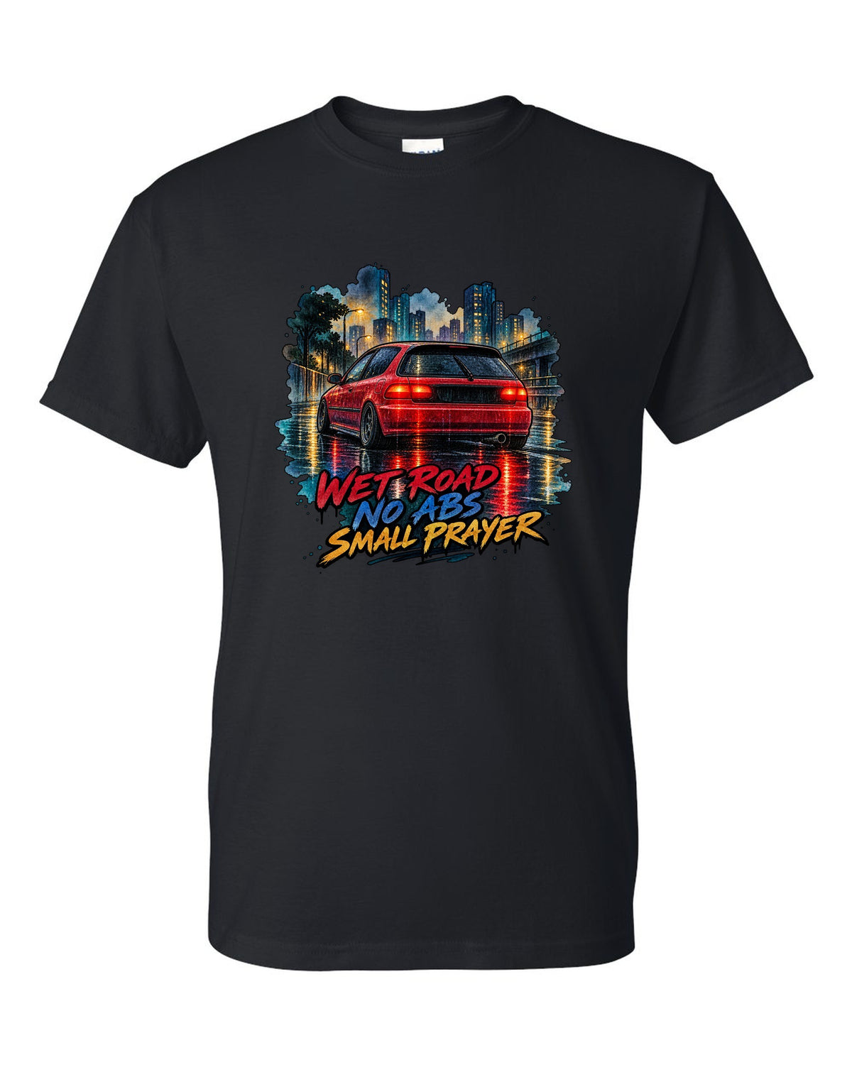 Watercolour wet road print of a Honda Civic EG6 ch with red taillights and no ABS text black t-shirt front view with the design