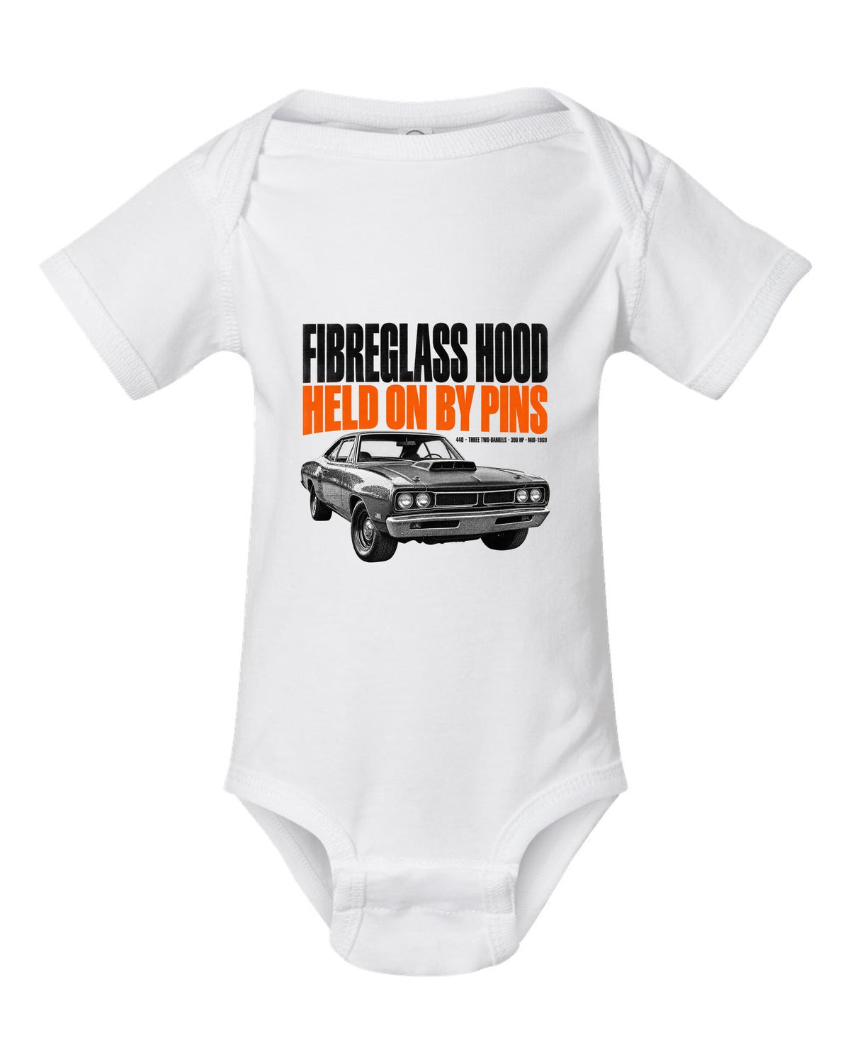 1969 Dodge Coronet Super Bee A12 hood halftone print with fibreglass hood and pins lettering white baby onesie front view with the design