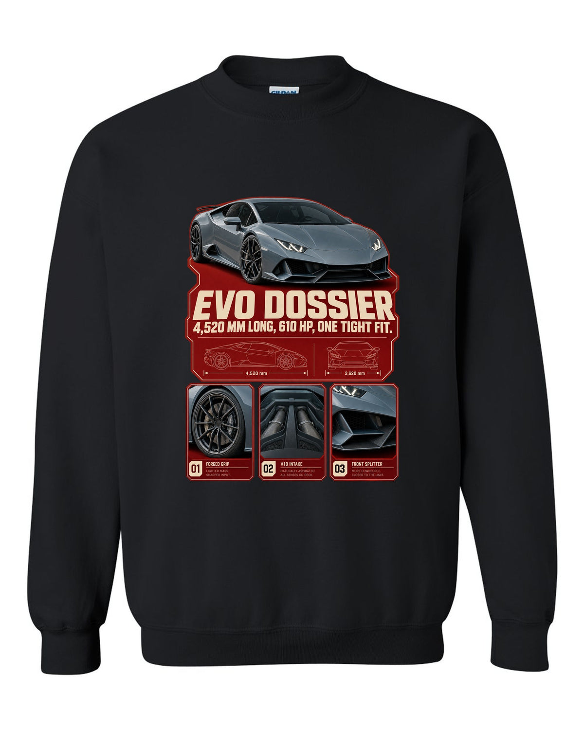 Dossier panel print of the Lamborghini Huracan EVO black crewneck front view with the design