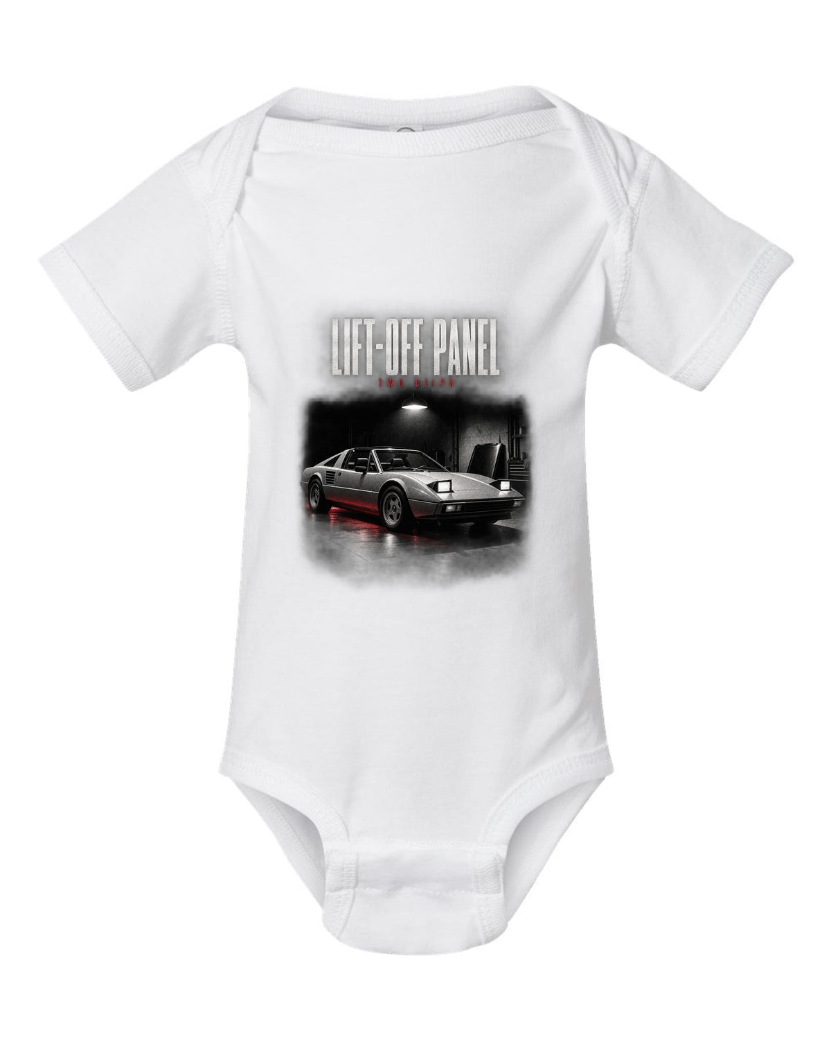 Ferrari 308 GTS 1977 targa garage night print, lift-off panel, two clips white baby onesie front view with the design