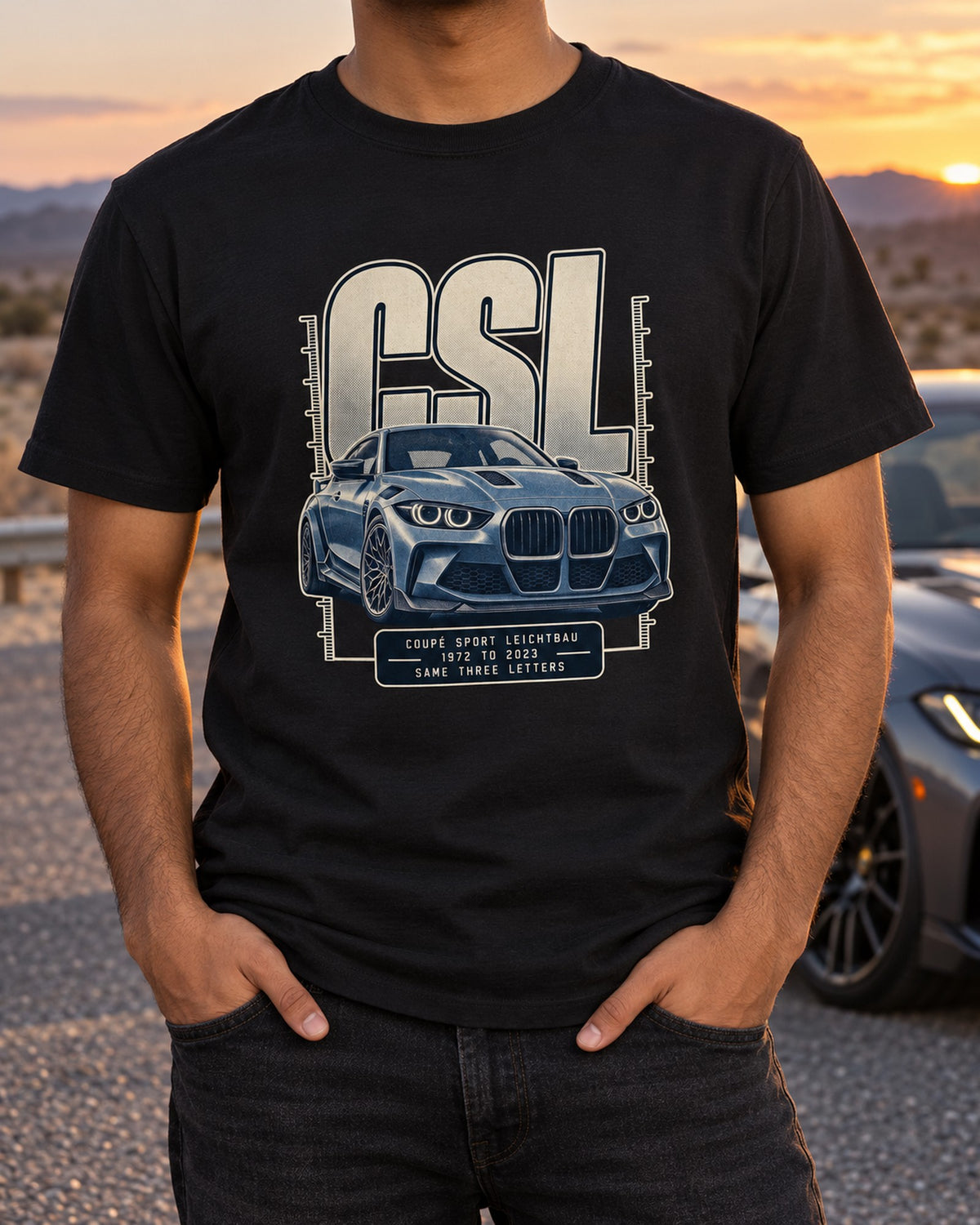 BMW CSL Halftone Letters Shirt, 1972 to 2023 Heritage T-Shirt Black worn hero