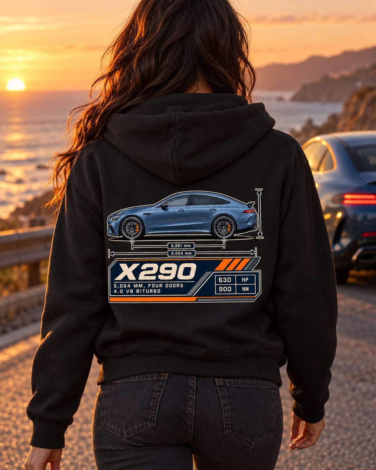AMG GT 63 S 4-Door X290 Dimension Blueprint Tee, Steel Blue Zip Hoodie Black worn hero