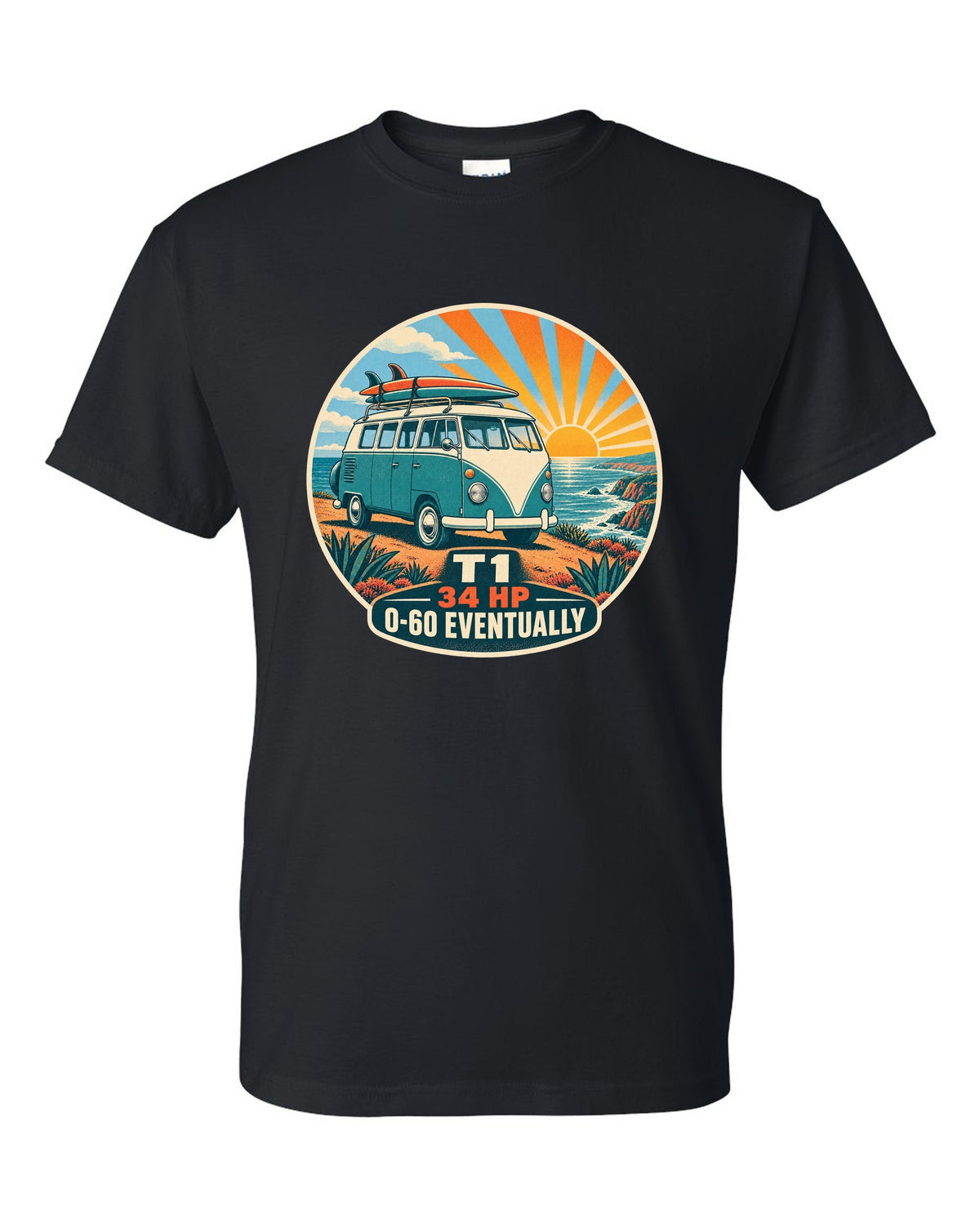 Two-colour silkscreen sunburst print of a 1962 VW Bus T1 split-window with 34 HP lettering black t-shirt front view with the design