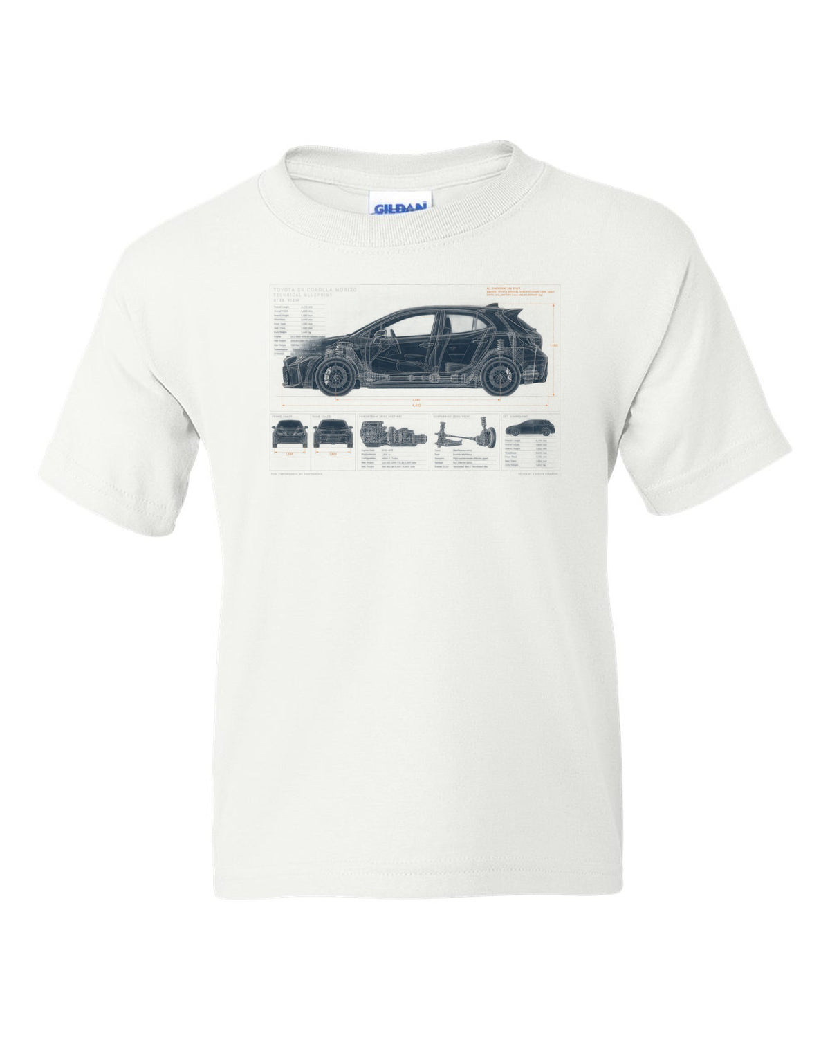 Toyota GR Yaris 2024 facelift front three-quarter with editorial headline white kids tee front view with the design