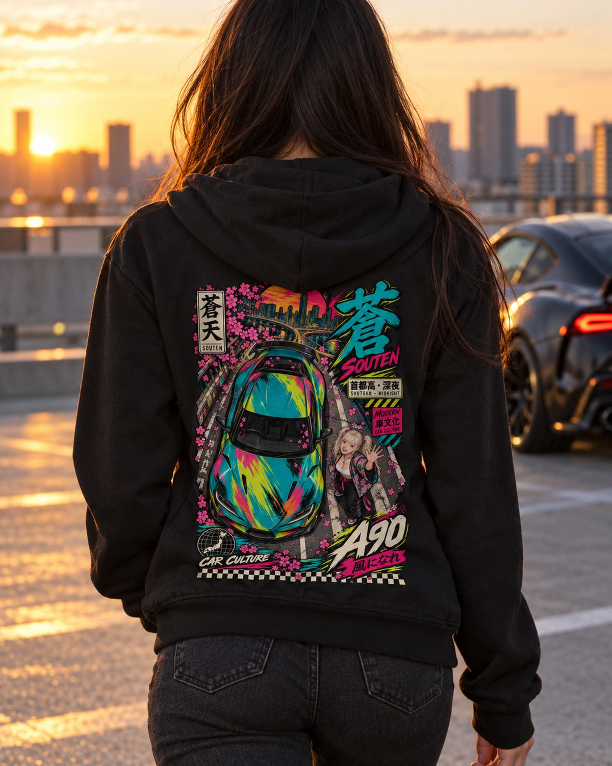 SOUTEN A90 Anime Girl Full-Back Graphic Tee Zip Hoodie Black worn hero