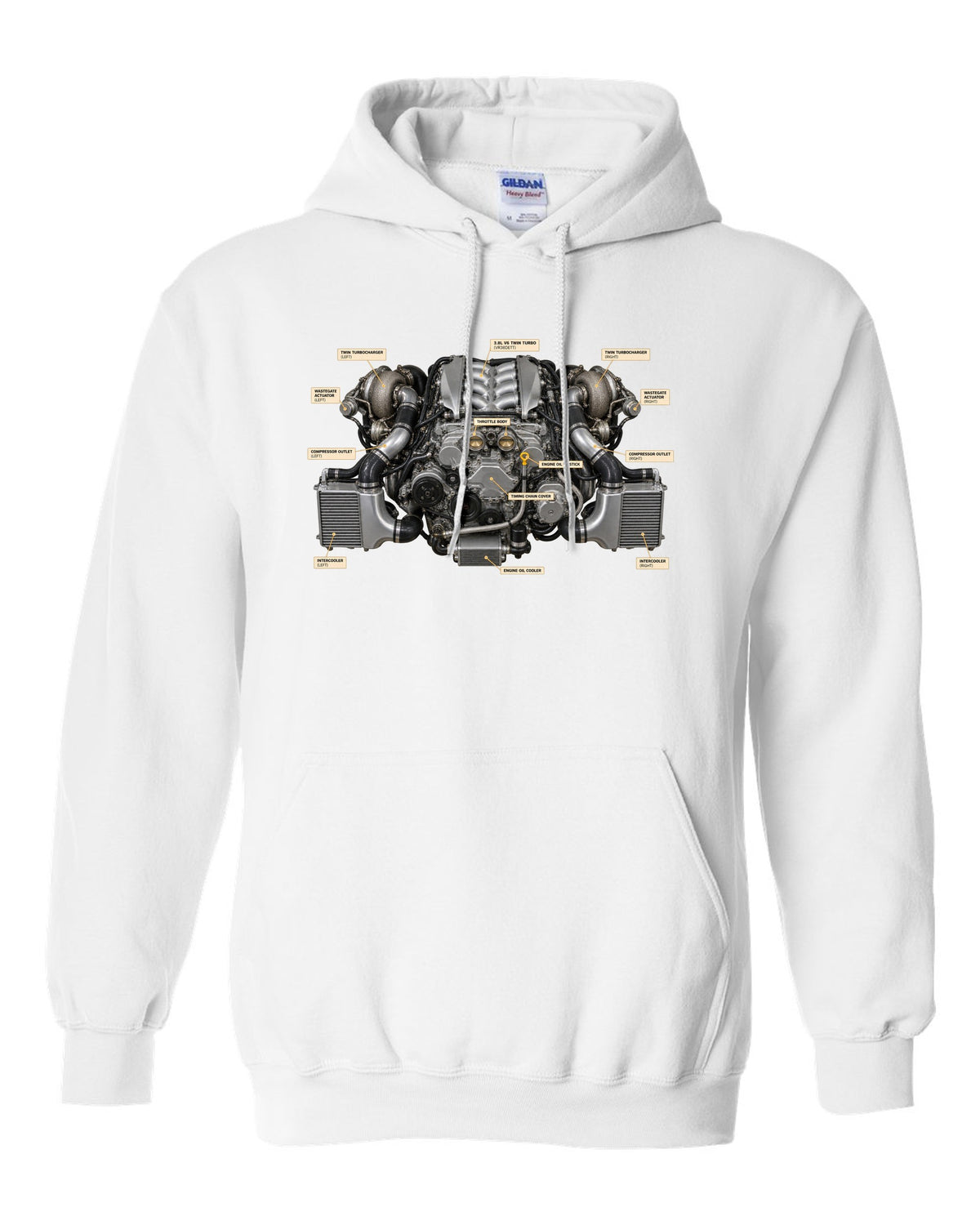 Nissan GT-R R35 2009 Premium dimension blueprint with engine text white pull over hoodie front view with the design