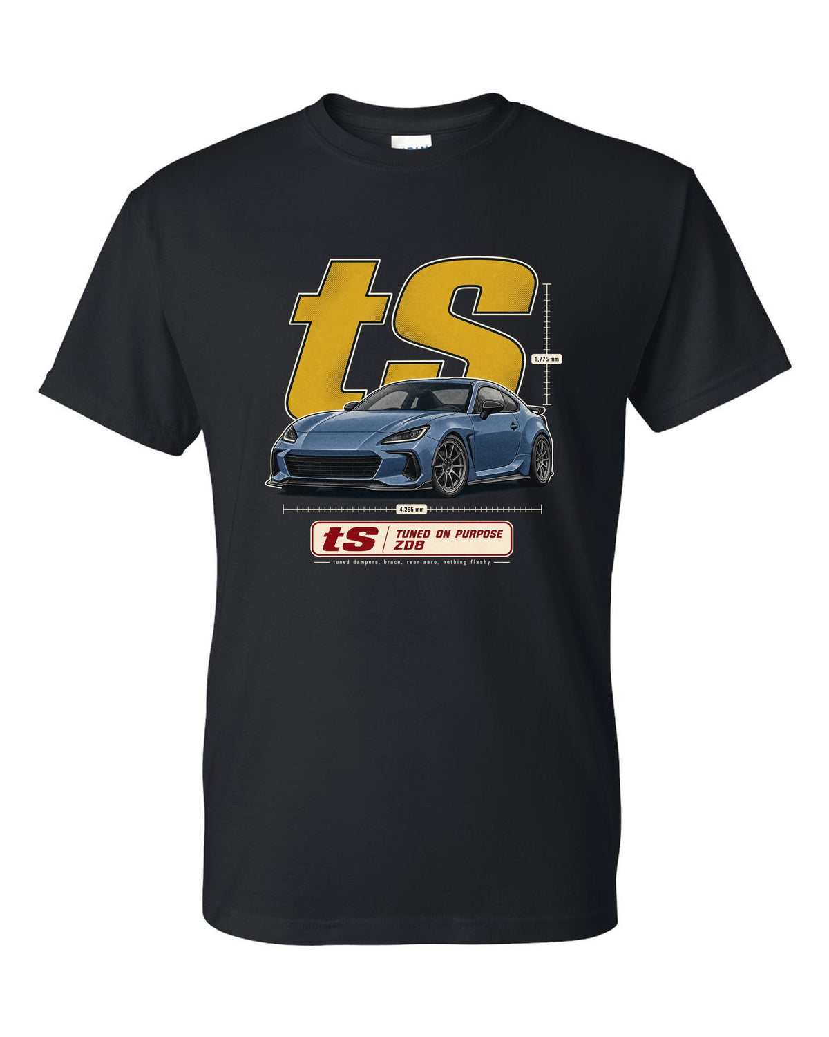 Halftone poster-style print of a Subaru BRZ tS ZD8 with tuning statement lettering black t-shirt front view with the design