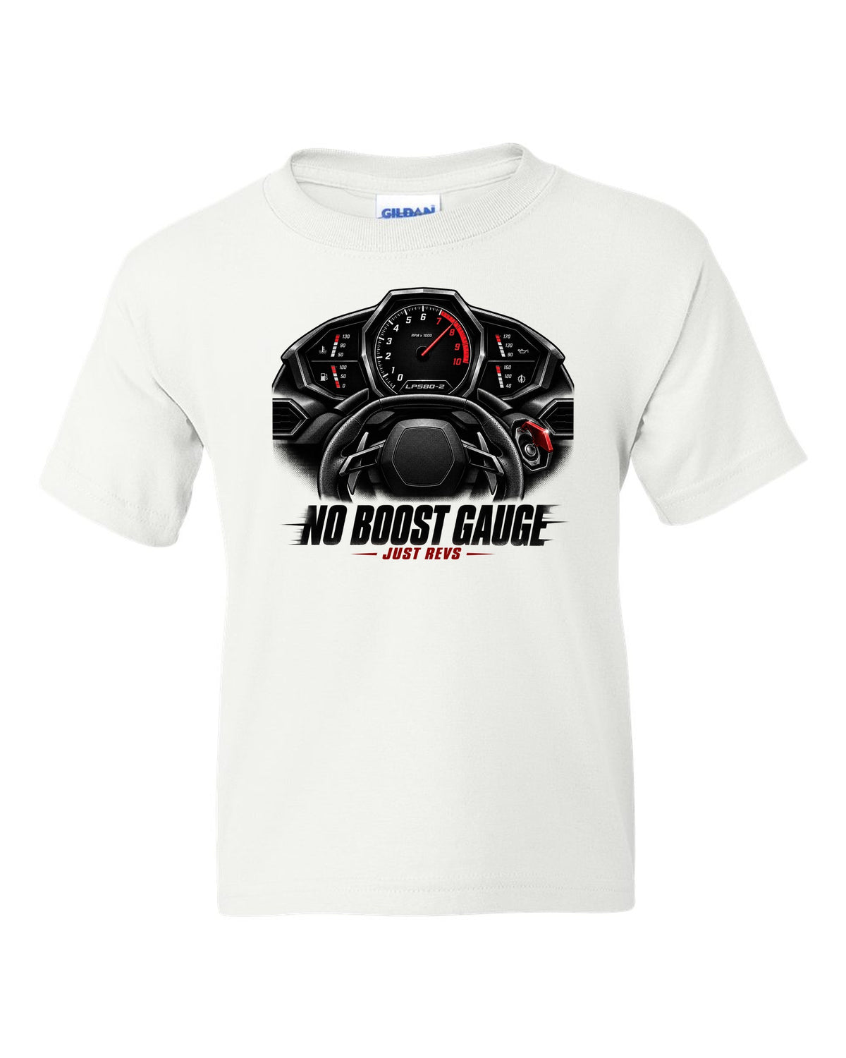 Cockpit gauge print of a Lamborghini Huracan LP580-2 with No Boost Gauge, Just Revs text white kids tee front view with the design