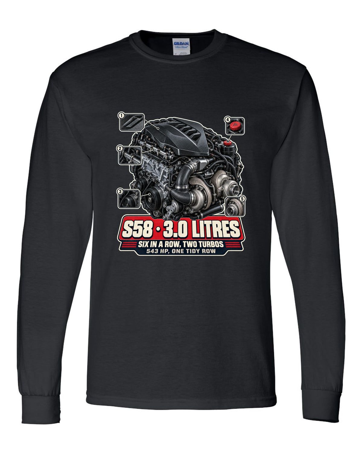 BMW M4 CSL G82 S58 engine bay hero print black long sleeve front view with the design