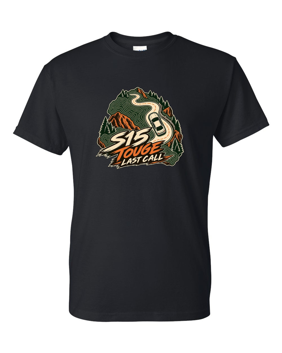 Topographic contour map line art of a mountain road with a Nissan Silvia S15 black t-shirt front view with the design