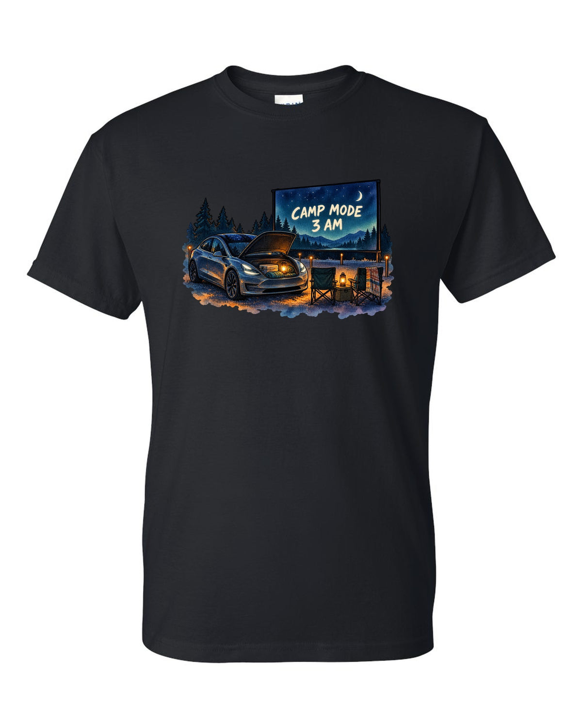 Watercolor wash print of a Tesla Model 3 with the words Camp Mode 3 AM black t-shirt front view with the design