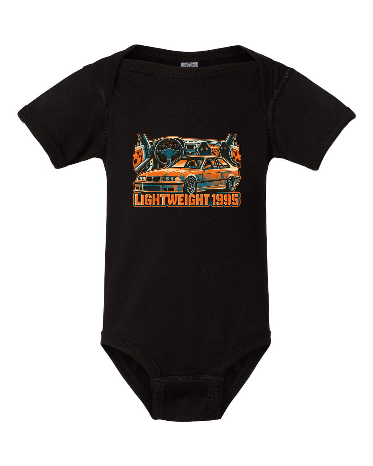 Watercolour wet-road night illustration of a BMW E36 M3 coupe in a garage with coolant flange fund text black baby onesie front view with the design
