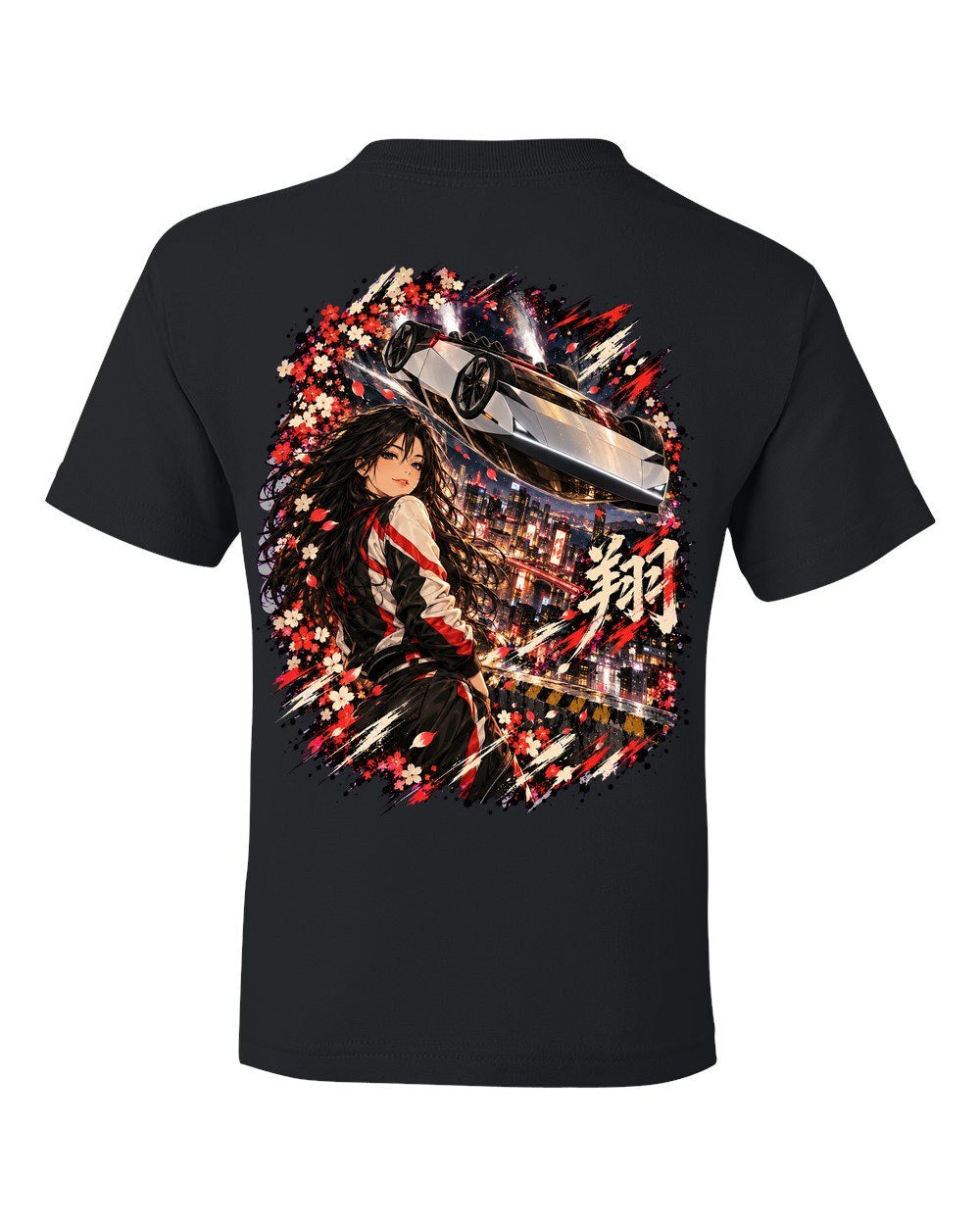 Tesla Roadster Flip Anime Girl Kids Tee Black back