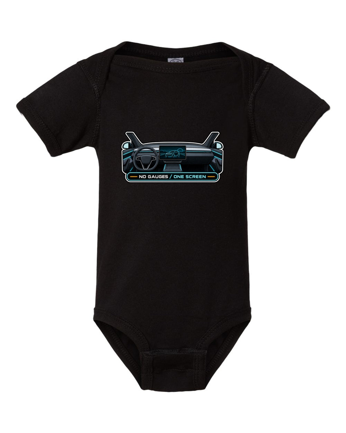 Gauge cluster HUD parody print of a Tesla Model Y Juniper reading No Gauges One Screen black baby onesie front view with the design