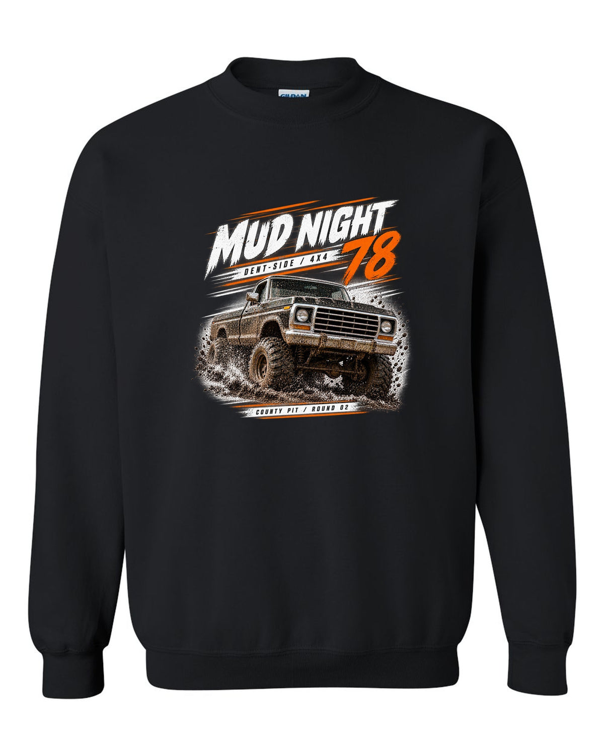 Ford F-150 Dent-Side 1973-79 4x4 Mud Night Race Poster Tee black crewneck front view with the design