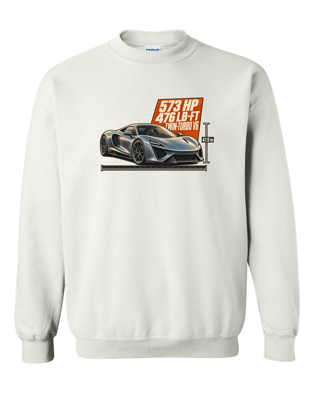 Halftone print of a 2020 Acura NSX NC1 front three-quarter white crewneck front view with the design