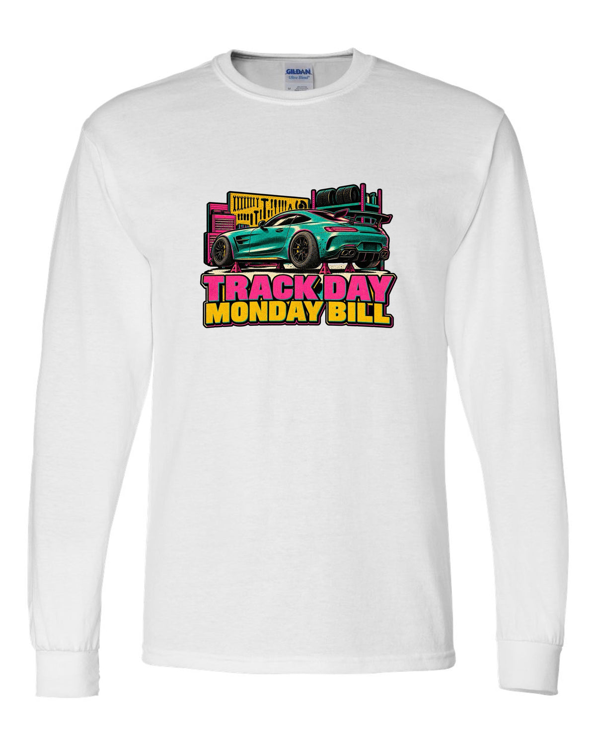 Stencil spray street art of a Mercedes AMG GT R C190 burnout with tyre smoke and Wing Is Not Decorative text white long sleeve front view with the design