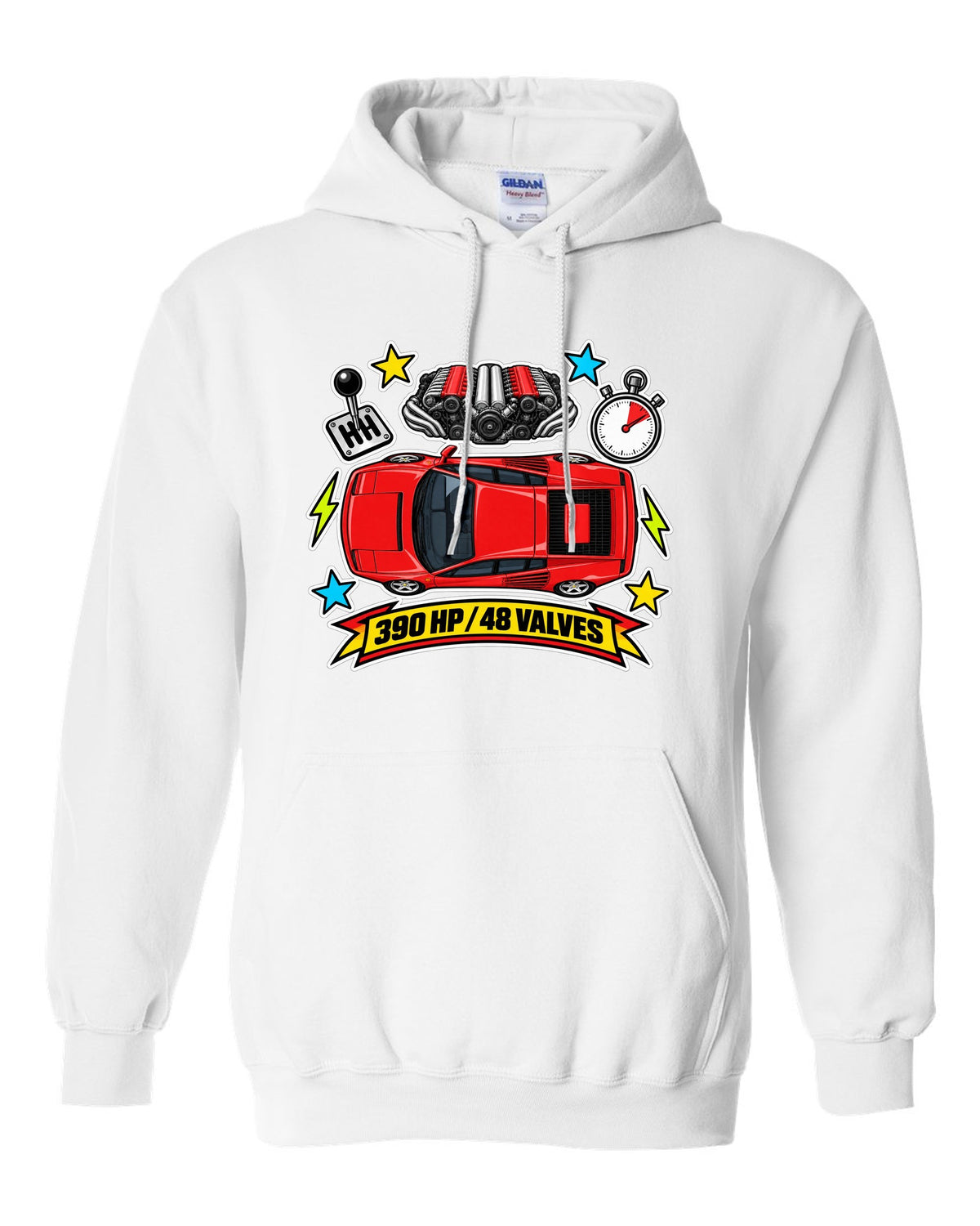 Sticker-bomb collage of the Ferrari Testarossa with 390 HP and 48 valves text white pull over hoodie front view with the design