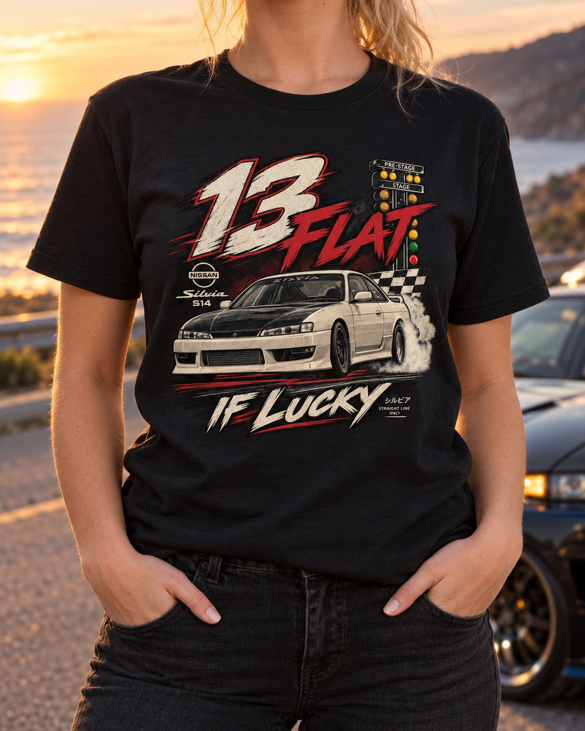 Nissan Silvia S14 Drag Vintage Race Poster print Tee T-Shirt Black worn hero