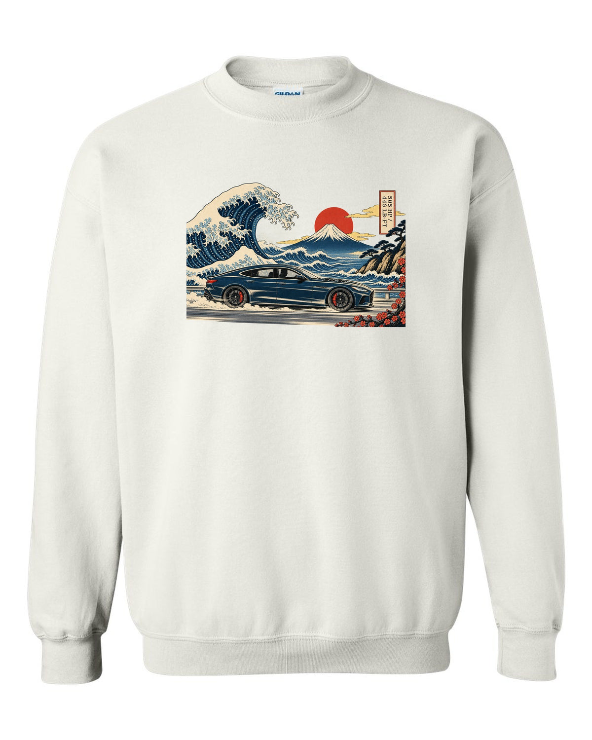 Ukiyo-e woodblock wave illustration of an Alfa Romeo Giulia Quadrifoglio with 505 HP and 443 lb-ft white crewneck front view with the design