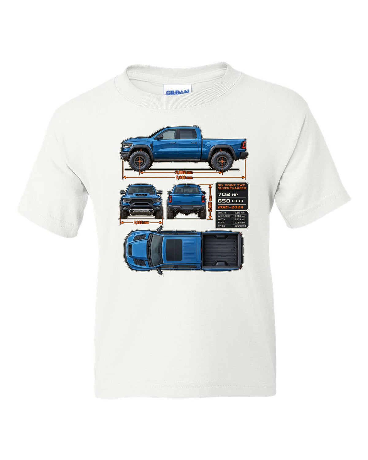 Ram 1500 TRX 2021-2024 dimension blueprint plate print white kids tee front view with the design