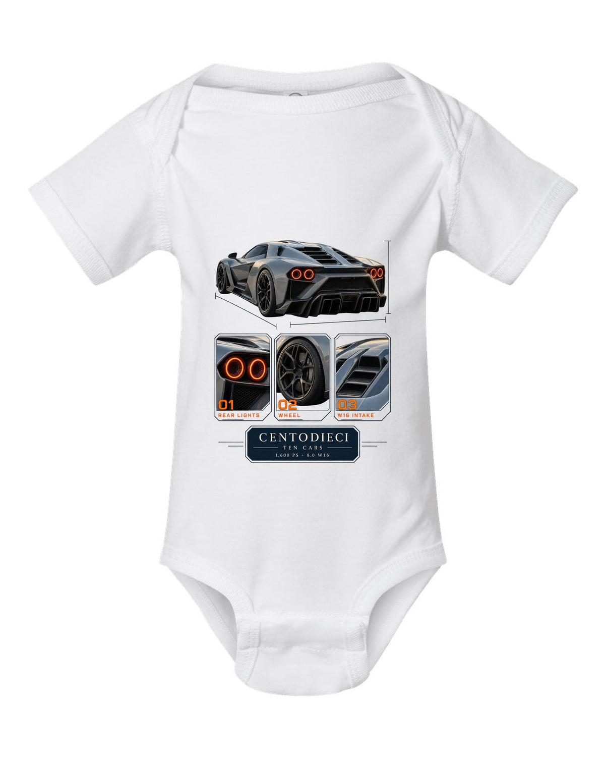 Dossier panel layout of the Bugatti Centodieci with ten-car text, print white baby onesie front view with the design