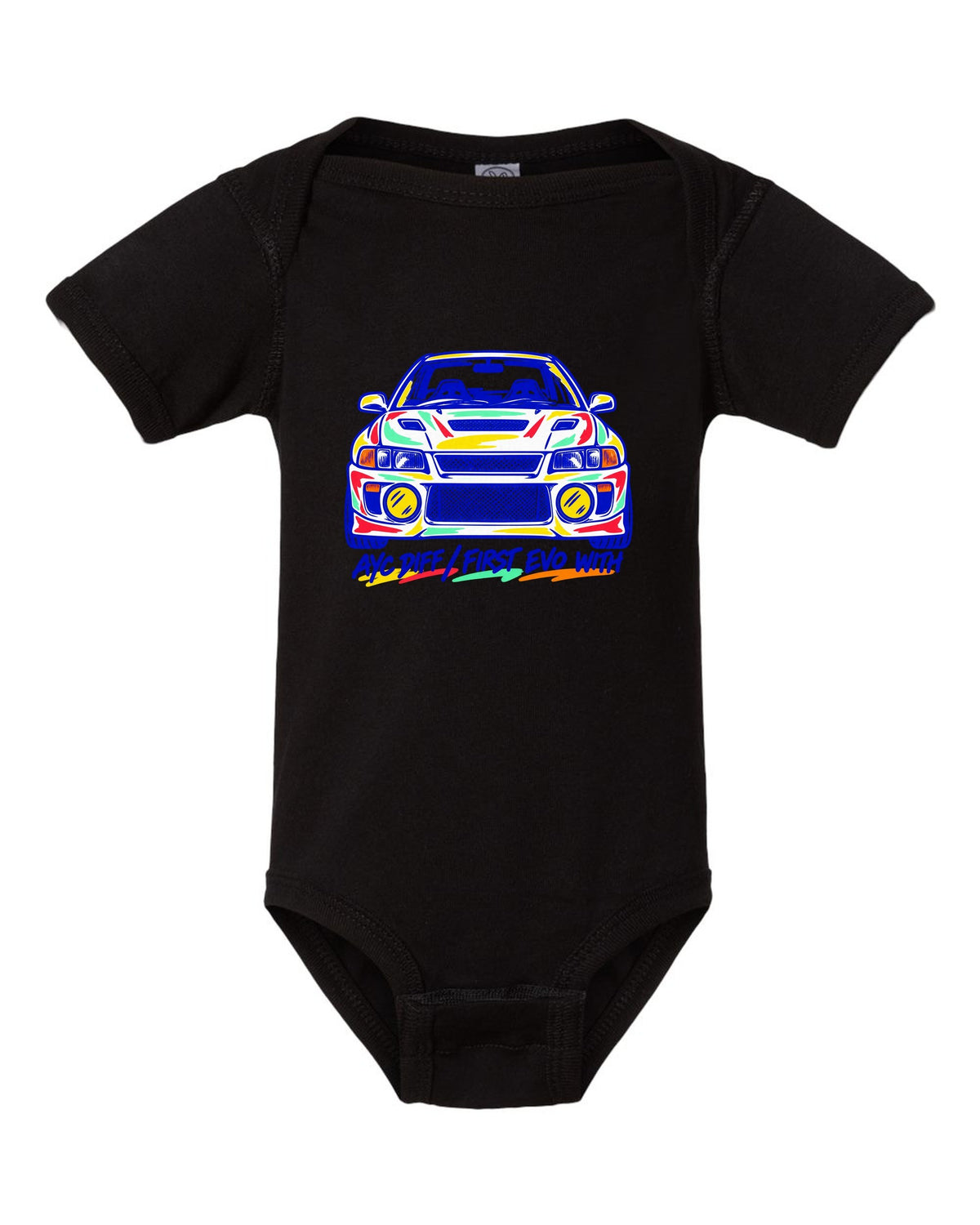 Mono-line napkin sketch of a Mitsubishi Lancer Evolution IV CN9A black baby onesie front view with the design