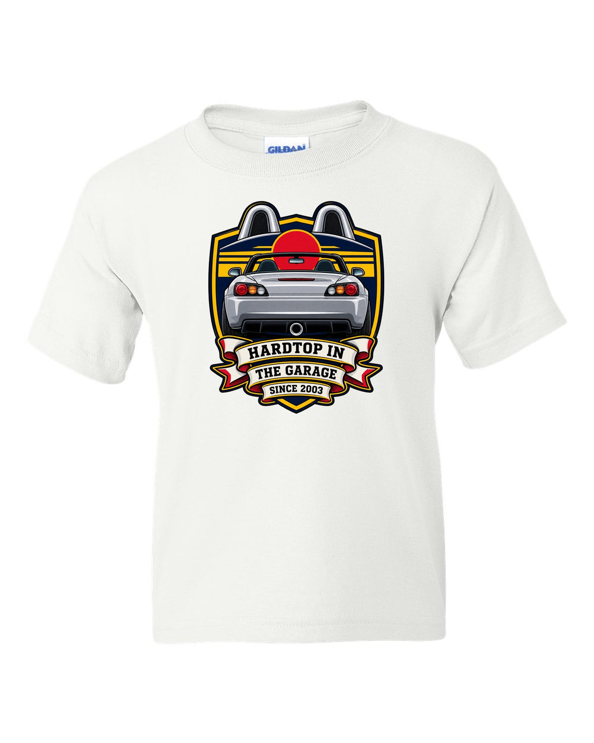 Embroidery patch style print of a 1999 Honda S2000 AP1 roadster with hardtop in the garage text white kids tee front view with the design