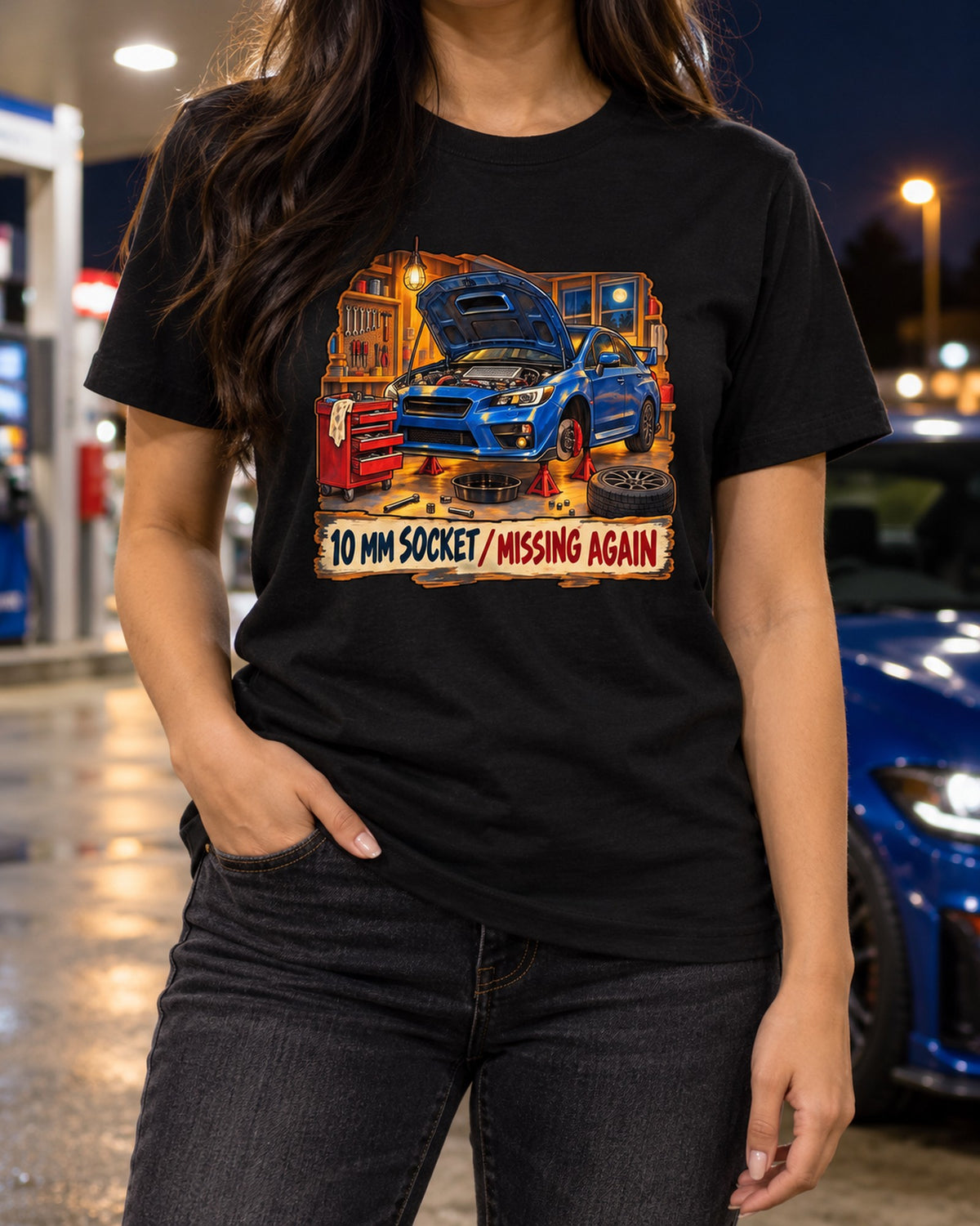 Subaru WRX STI VAB Sunday Service Workshop Illustration Tee T-Shirt Black worn hero