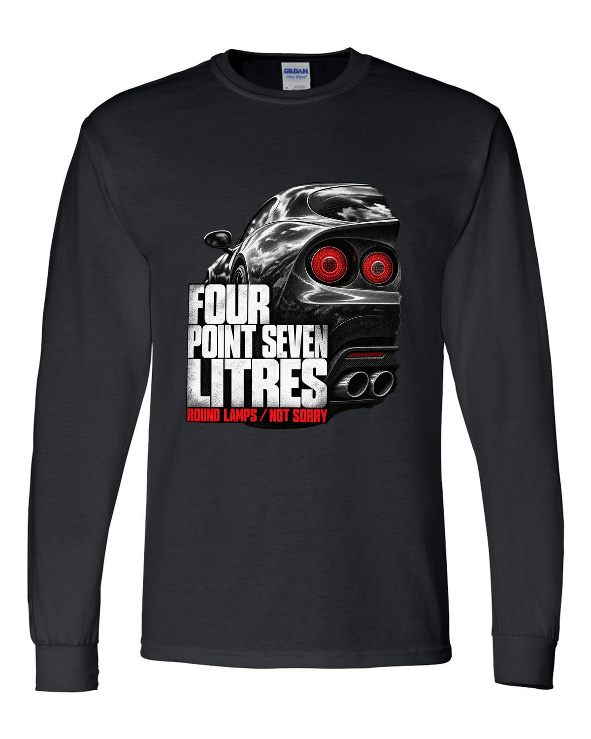 Tail lamp macro print of an Alfa Romeo 8C Competizione with four point seven litres text black long sleeve front view with the design