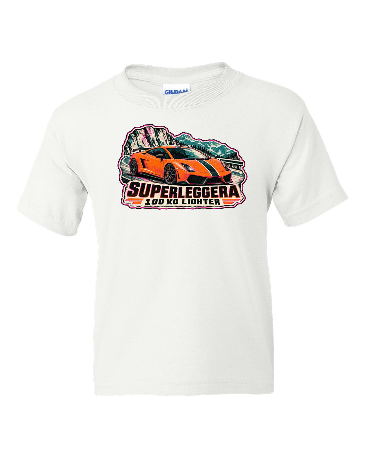 Risograph-style Lamborghini Gallardo Superleggera design with 100 KG lighter lettering white kids tee front view with the design