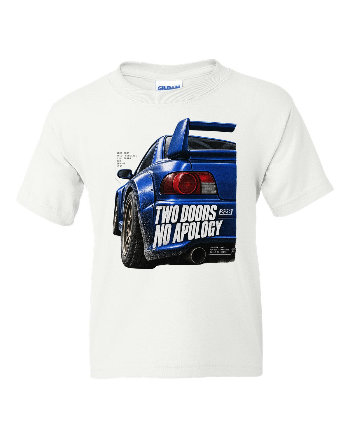 Macro detail of the Subaru Impreza 22B STI rear wing with two doors no apology text white kids tee front view with the design