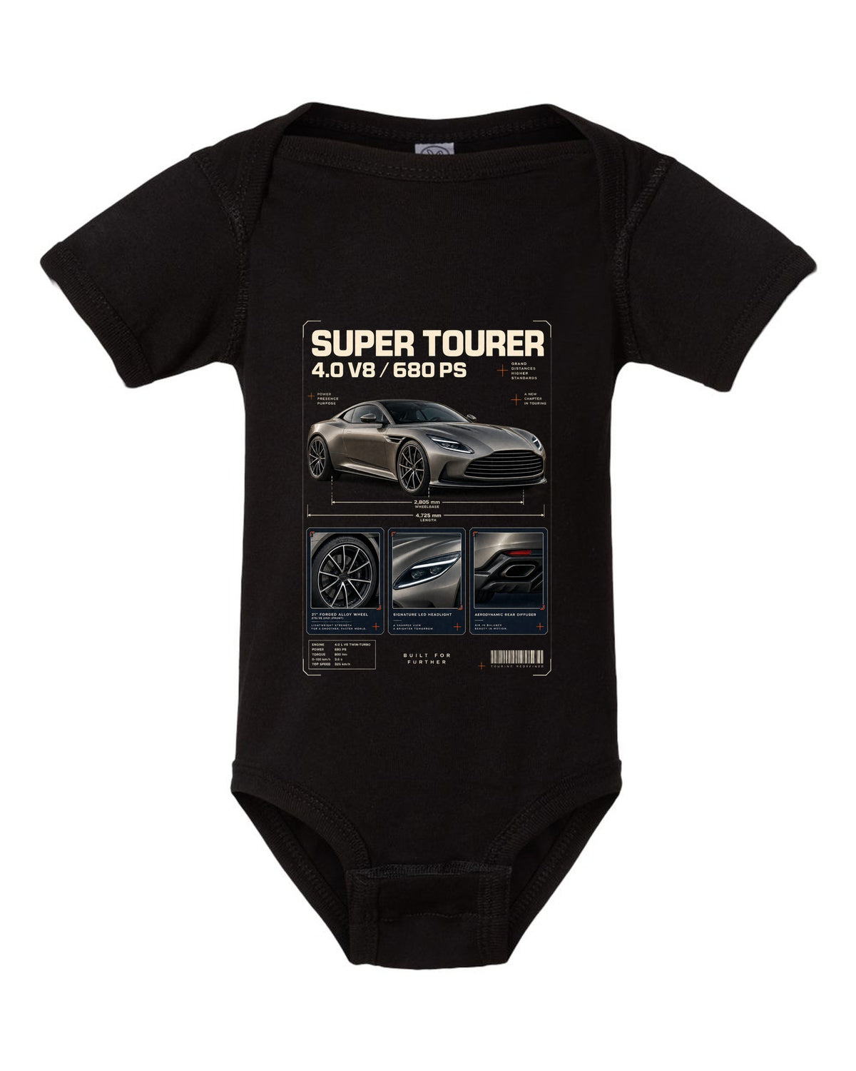 Aston Martin DB12 2023 dossier panels print with super tourer 4.0 V8 680 PS text black baby onesie front view with the design