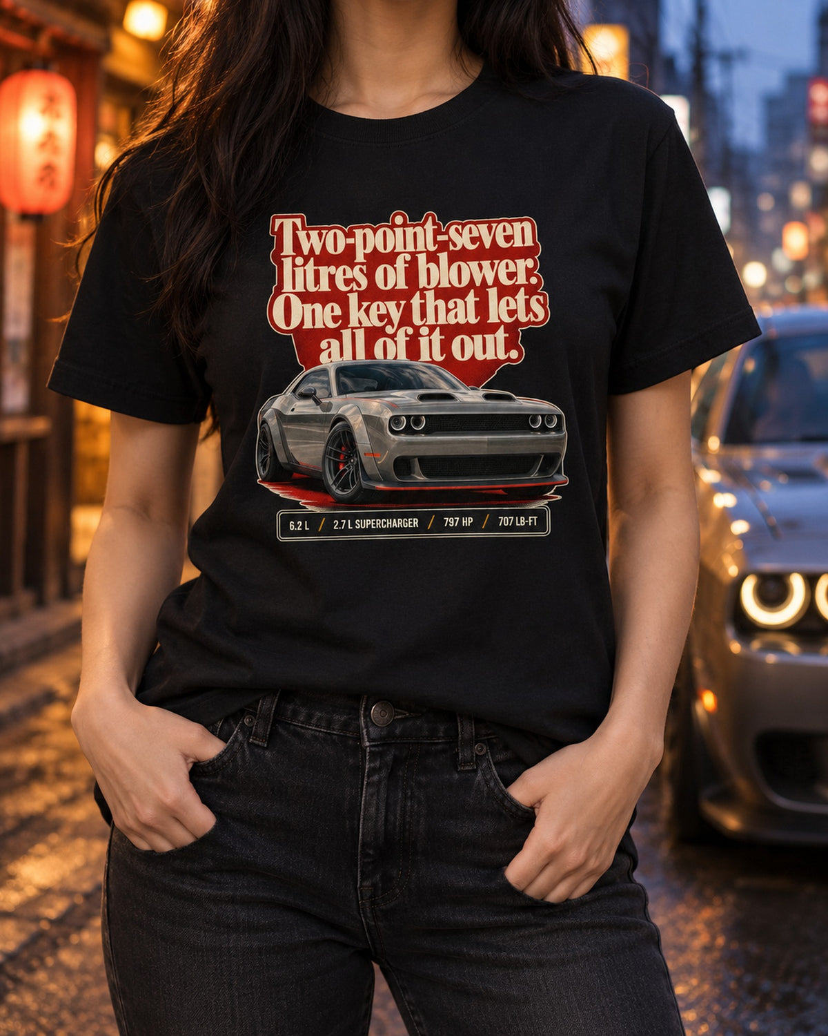 Dodge Challenger Hellcat Redeye Widebody Editorial Tee T-Shirt Black worn hero