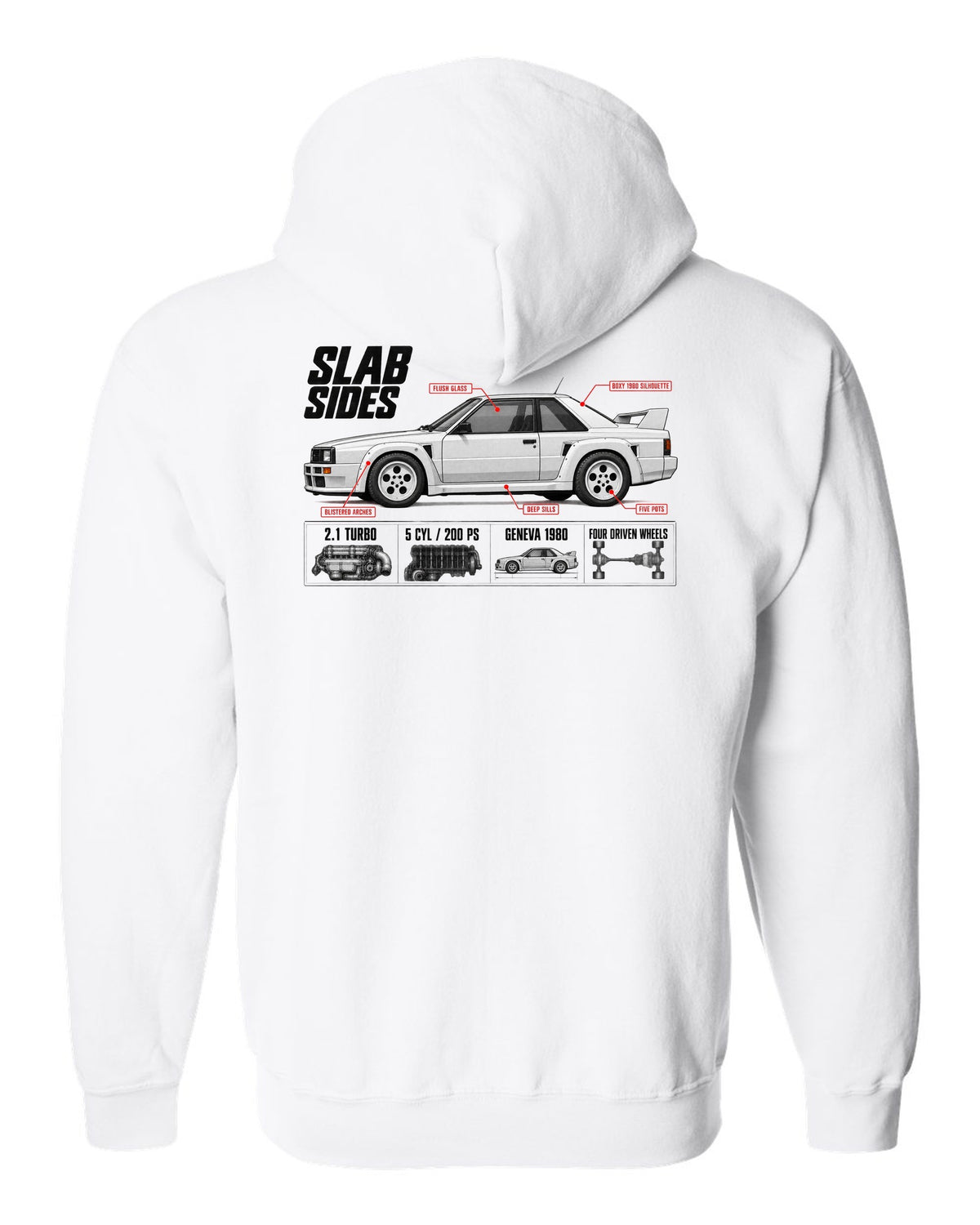 Audi Ur-Quattro Type 85 Slab Sides Spec Poster white zip hoodie back view with the design
