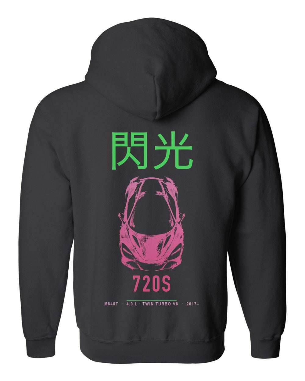 720S full-back artwork black zip hoodie back view with the design