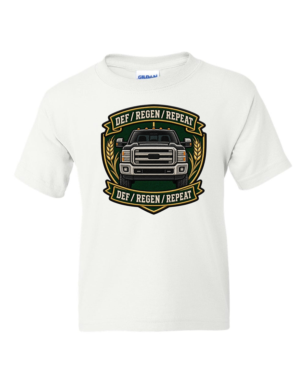 Shield crest print for the 2010-2018 Ram 2500 6.7 Cummins reading DEF regen repeat white kids tee front view with the design