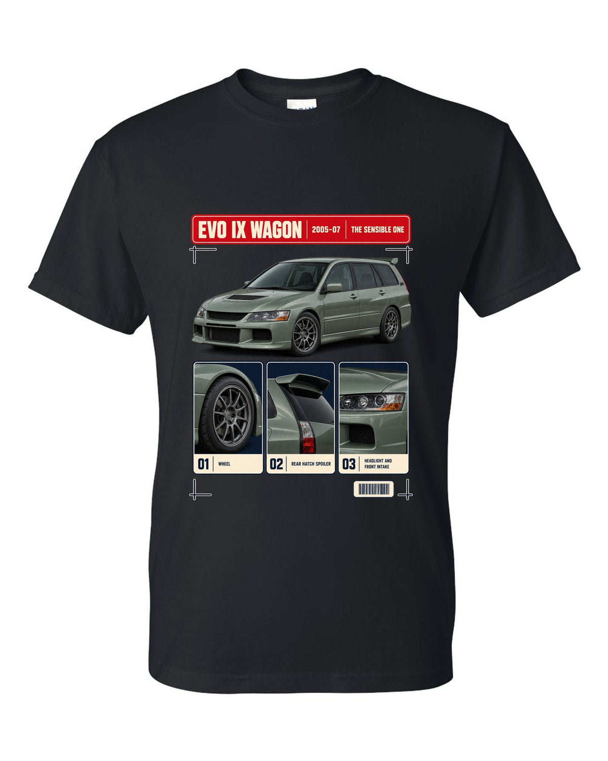 Mitsubishi Lancer Evolution IX Wagon GT three-quarter dossier panel print black t-shirt front view with the design